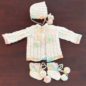Crochet Baby Sweater Set with Pom Poms